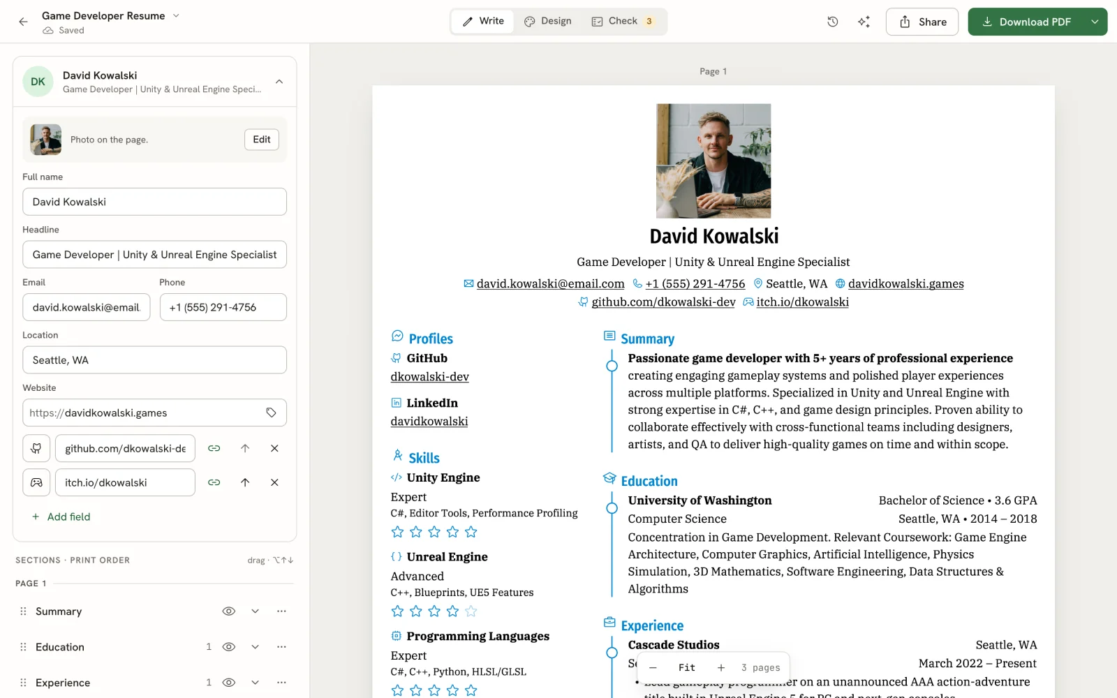 The Reactive Resume editor with a game developer's resume. The Basics card with name, headline, email and phone fields is on the left, and the rendered resume page with a photo, contact line, Profiles, Skills, Summary and Education is on the right.
