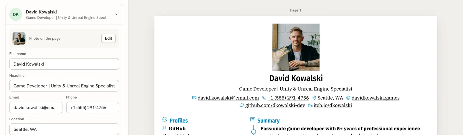 The Basics card with Full name set to David Kowalski and a headline, email, phone and location, next to the resume page showing the same name and contact details under a photo.