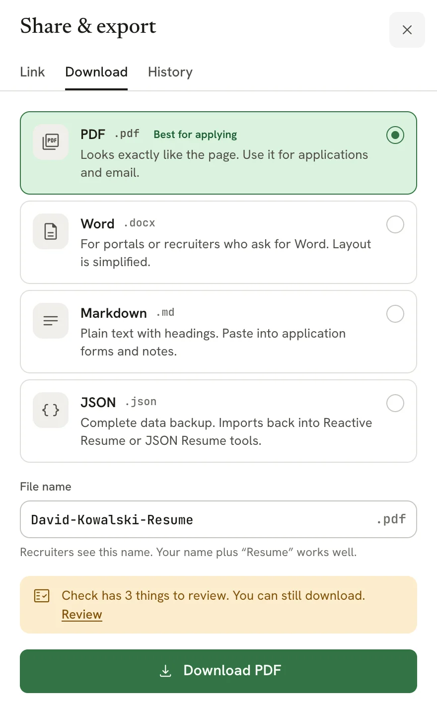 The Download and history panel with Download and History tabs. The Download tab lists PDF (Best for applying), Word, Markdown and JSON, a File name field set to David-Kowalski-Resume, a note that Check has 3 things to review, and a Download PDF button.