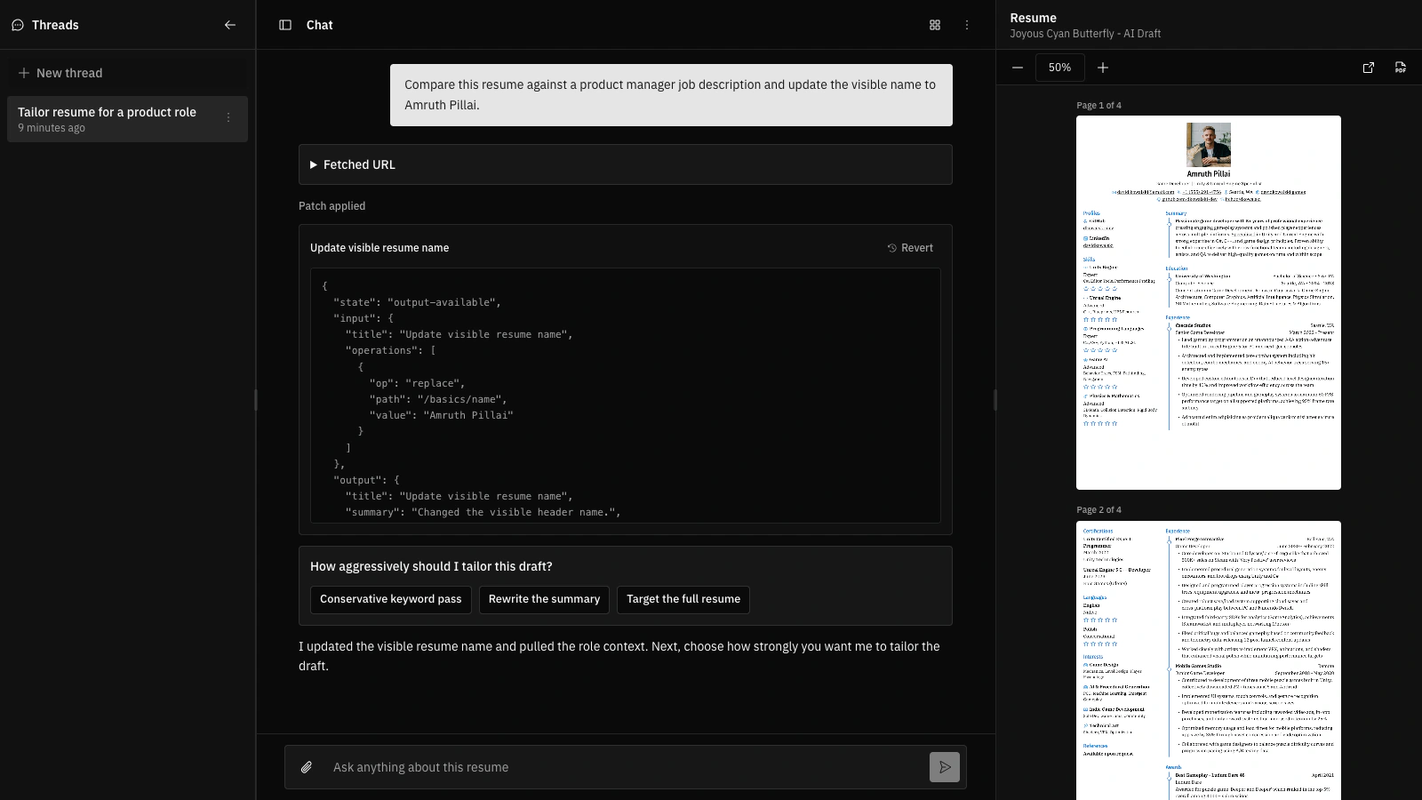 AI Agent chat showing an applied patch with raw JSON details