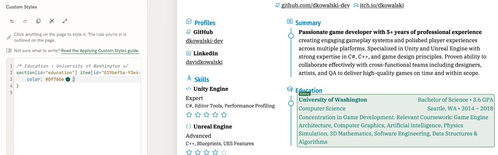 Custom Styles editing an education entry's color, with the selected entry outlined on the rendered resume.
