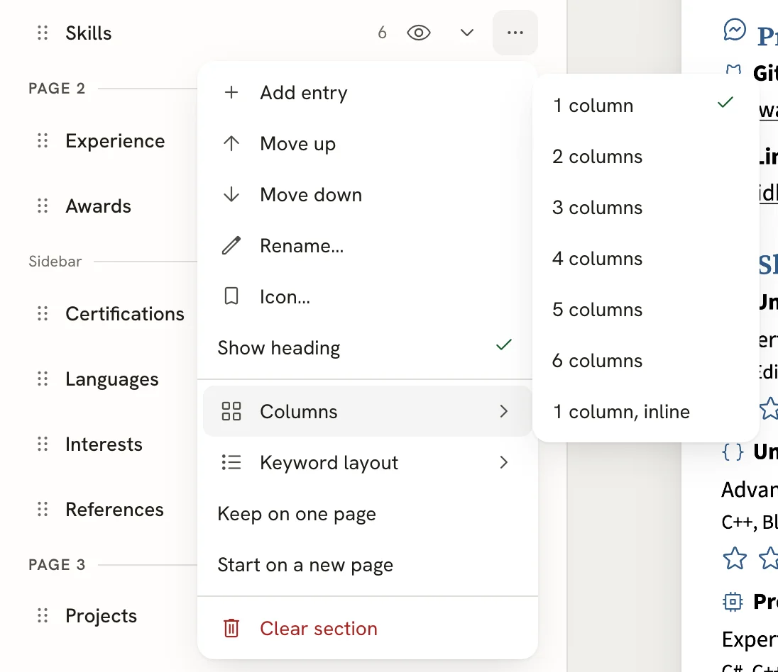 The Skills section's menu in Write with Columns open, listing 1 column (checked) through 6 columns and 1 column, inline, and further items Keyword layout, Keep on one page, Start on a new page and Clear section