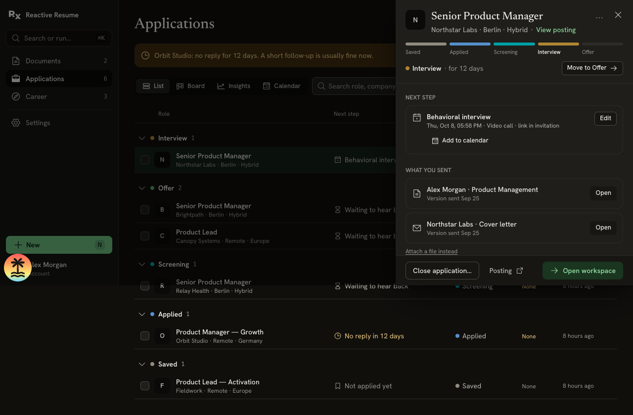 Details sheet for Senior Product Manager at Northstar Labs, showing the Interview stage, next interview, sent documents and Open workspace button