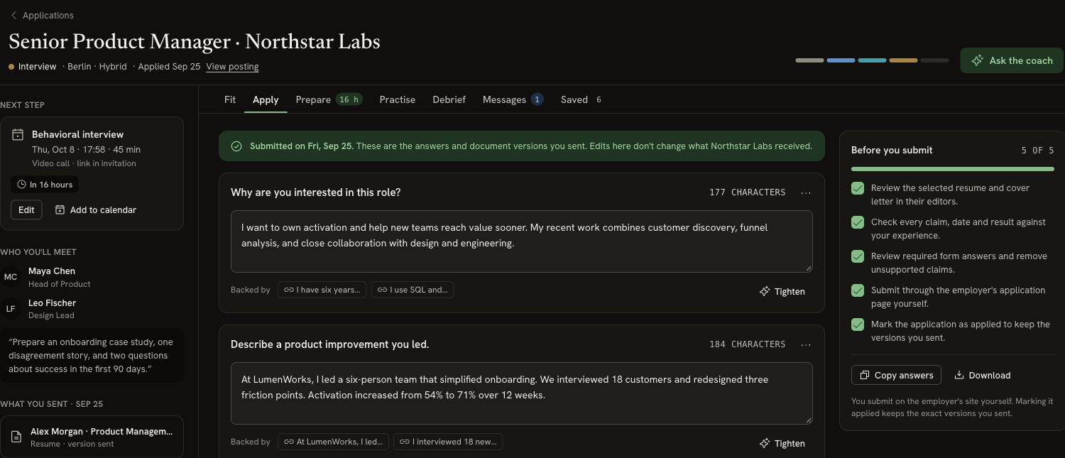 Apply tab showing two answers with character counts, backing facts, Tighten controls and a submission checklist