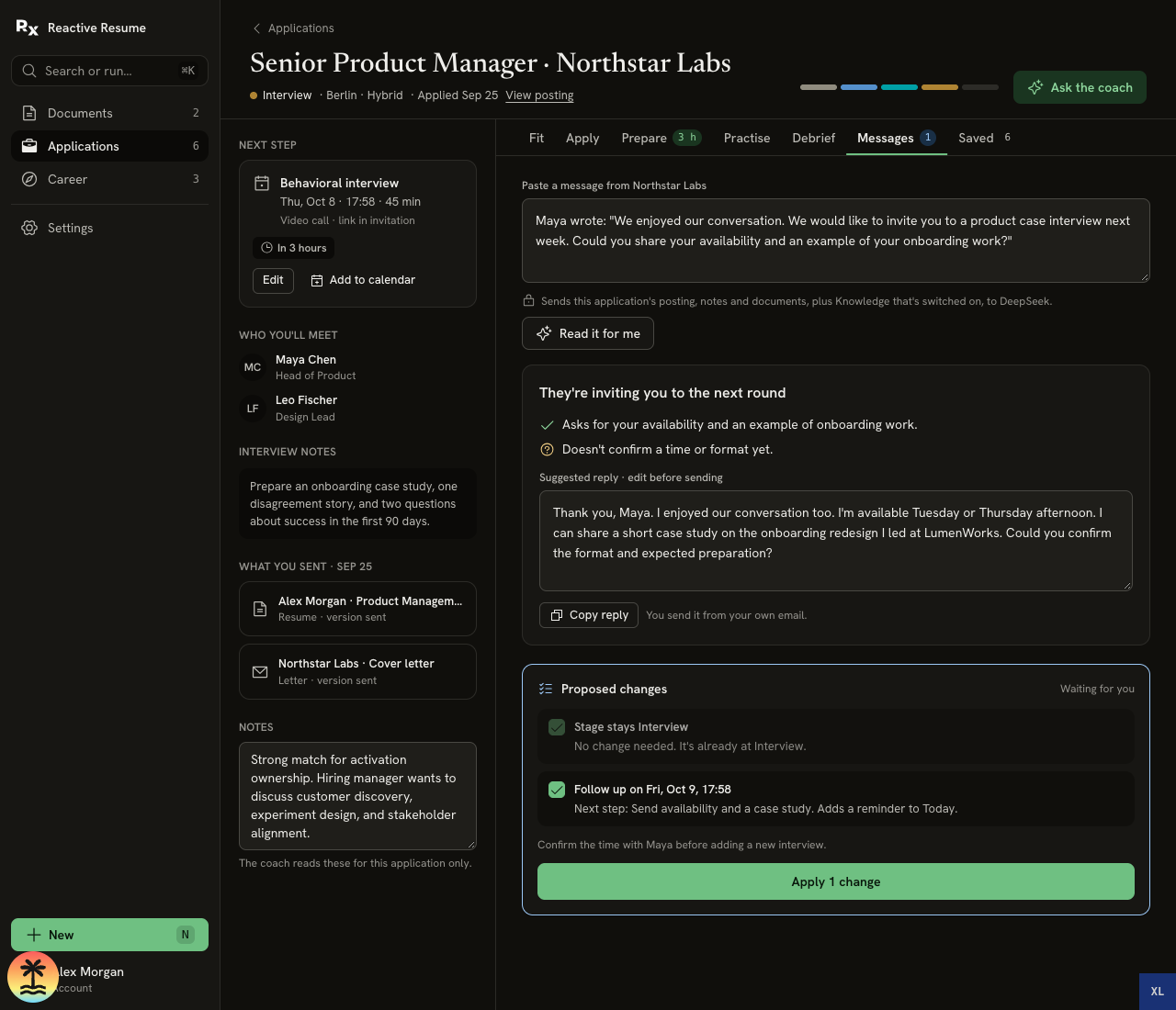 Messages tab with a pasted recruiter invitation, summary, unconfirmed interview time, editable reply and one proposed follow-up change waiting for approval