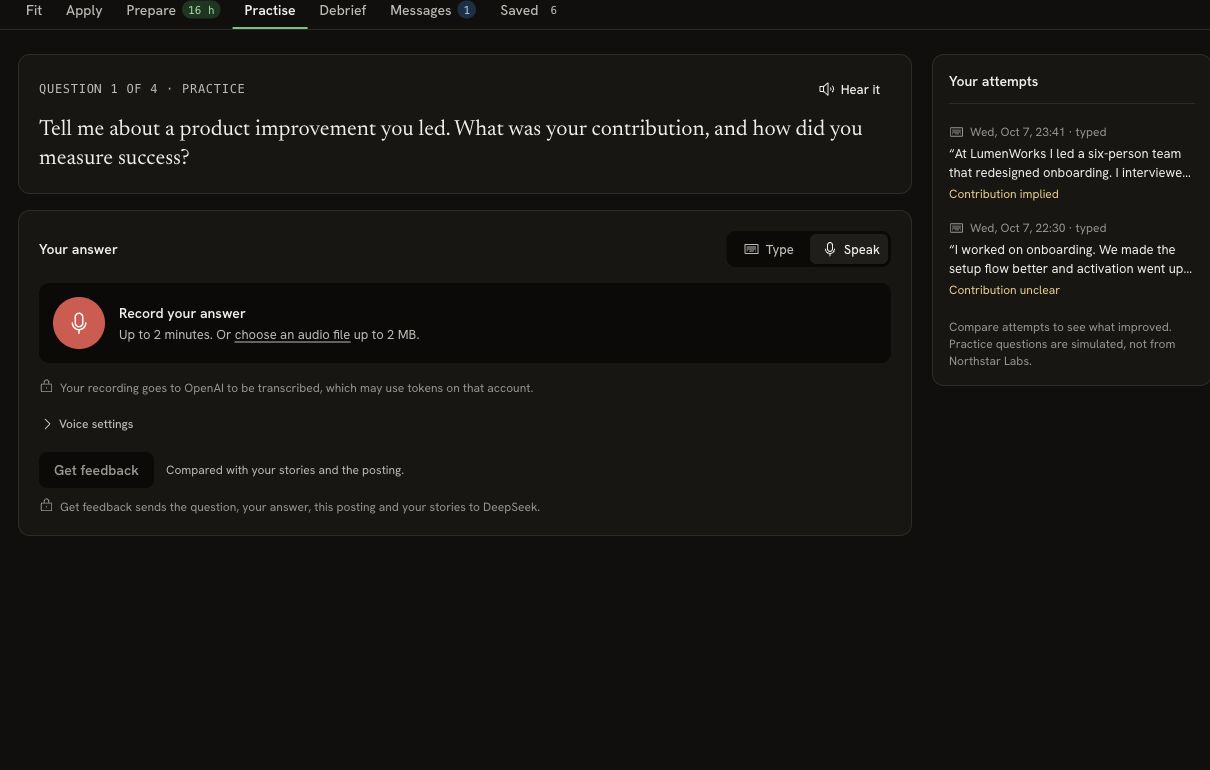 Practice tab in Speak mode with Record your answer, an audio-file option, a two-minute limit, OpenAI transcription notice and Voice settings