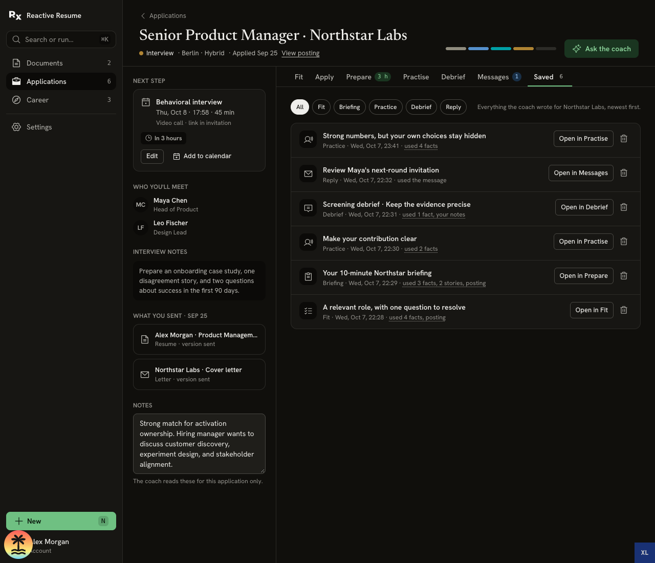 Saved tab listing practice feedback, a recruiter reply, debrief, briefing and Fit check, each with an Open in control and deletion button