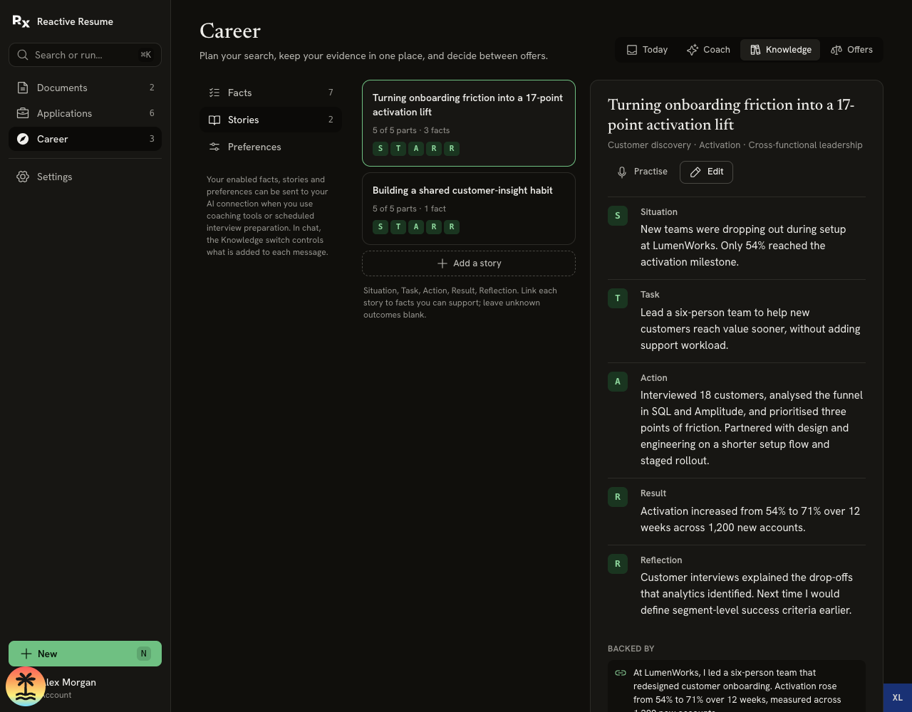 Five-part onboarding story with Situation, Task, Action, Result, Reflection and links to three supporting facts