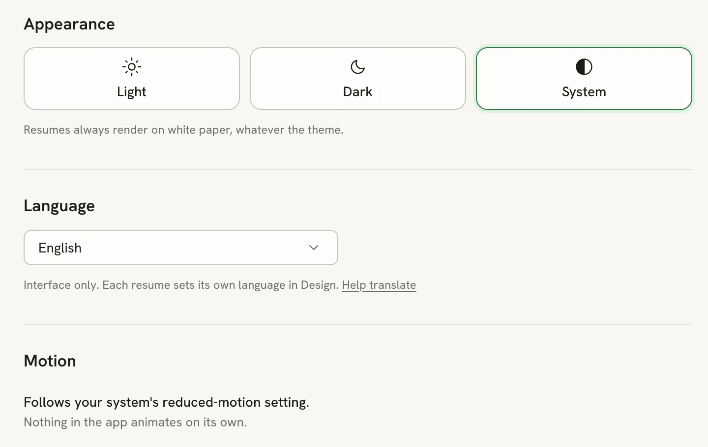 The Preferences page with Light, Dark and System theme tiles under Appearance, an English language picker under Language, and a Motion note