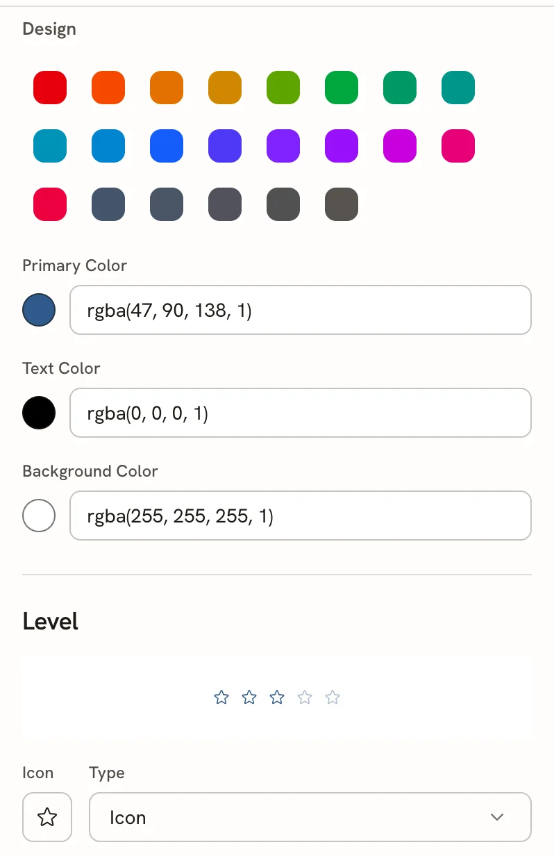 The Advanced Design section showing 22 square color swatches, the Primary color, Text color and Background color fields with rgba values, and the Level area with a preview of three out of five stars, an Icon picker set to a star and Type set to Icon