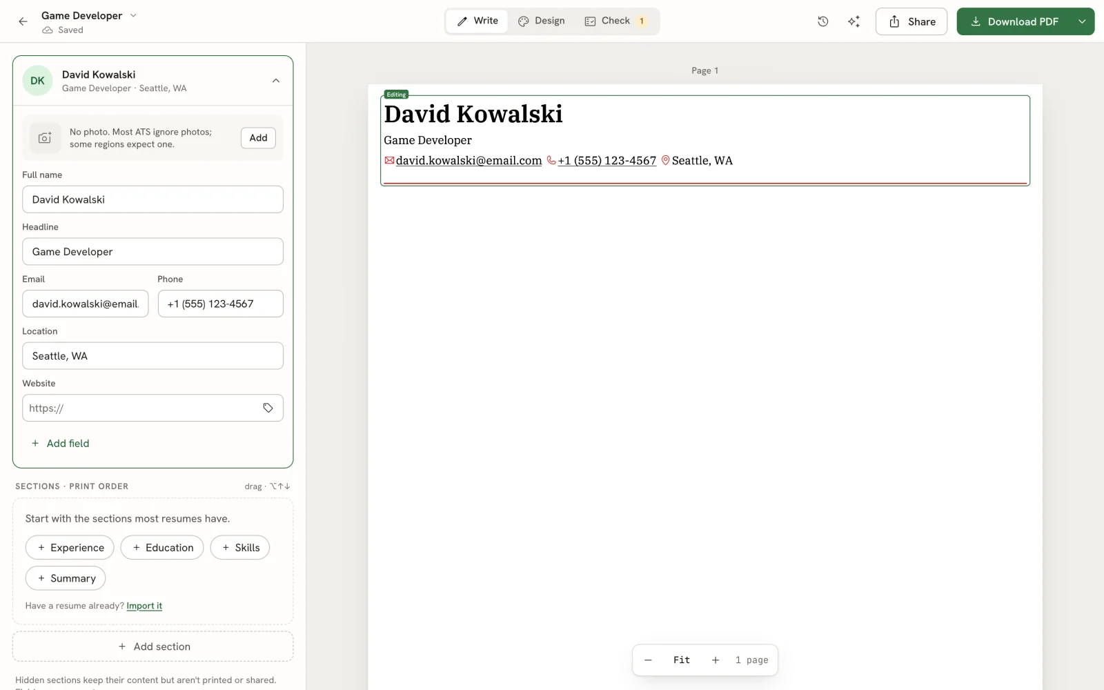The resume editor in Write mode with name, headline, email, phone and location filled in on the left and the same details on the page preview on the right