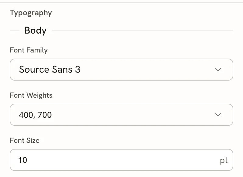 The Typography editor's Body fields: Font family set to Source Sans 3, Font weights set to 400, 700, and Font size set to 10 pt