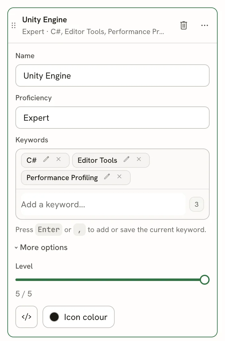 An open Skills entry named Unity Engine with Proficiency Expert, three keywords, and More options expanded to show a Level slider at 5 / 5, an icon button and an Icon color button.