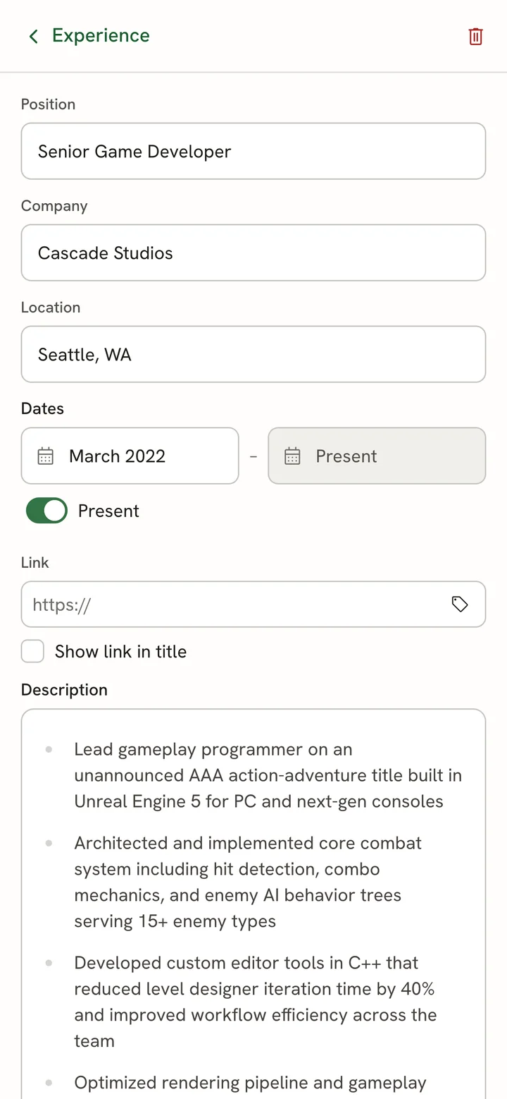 A phone experience editor with stacked fields, structured dates, a Present switch and a rich-text description.