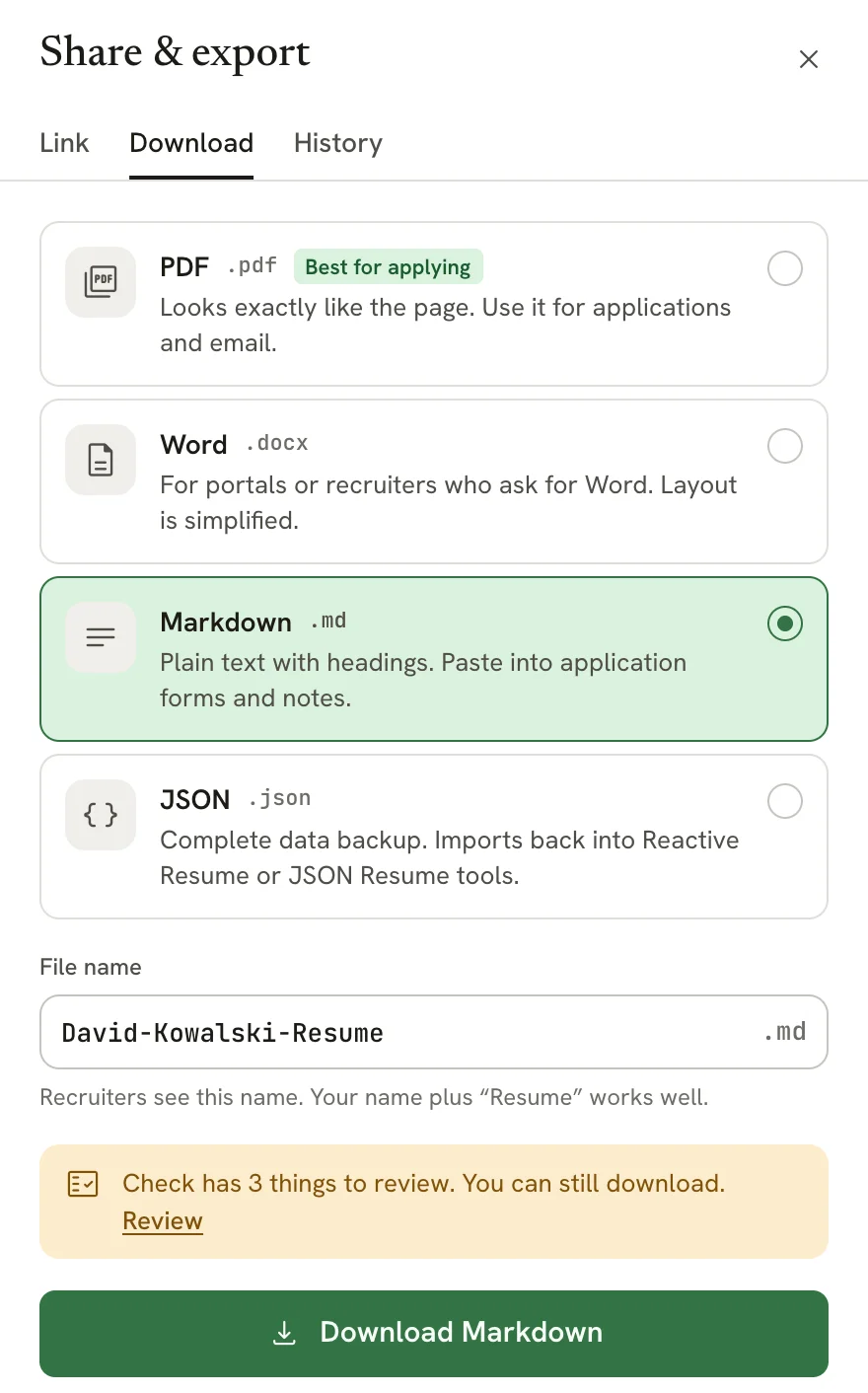 Download tab of the Download and history sheet with Markdown selected, the file name David-Kowalski-Resume.md and a Download Markdown button