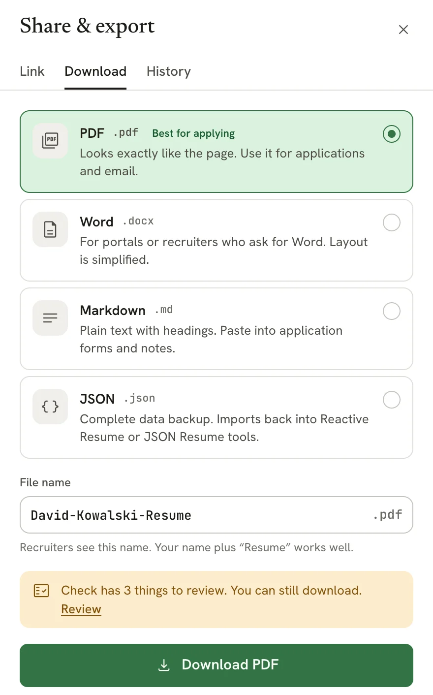 Share and export with Link, Download and History tabs, PDF, Word, Markdown and JSON formats, an editable filename and a non-blocking Check warning.