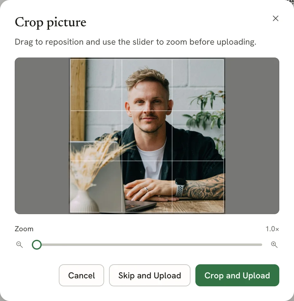 The Crop photo dialog with the photo inside a square crop frame, a Zoom slider, and Cancel, Skip and upload, and Crop and upload buttons