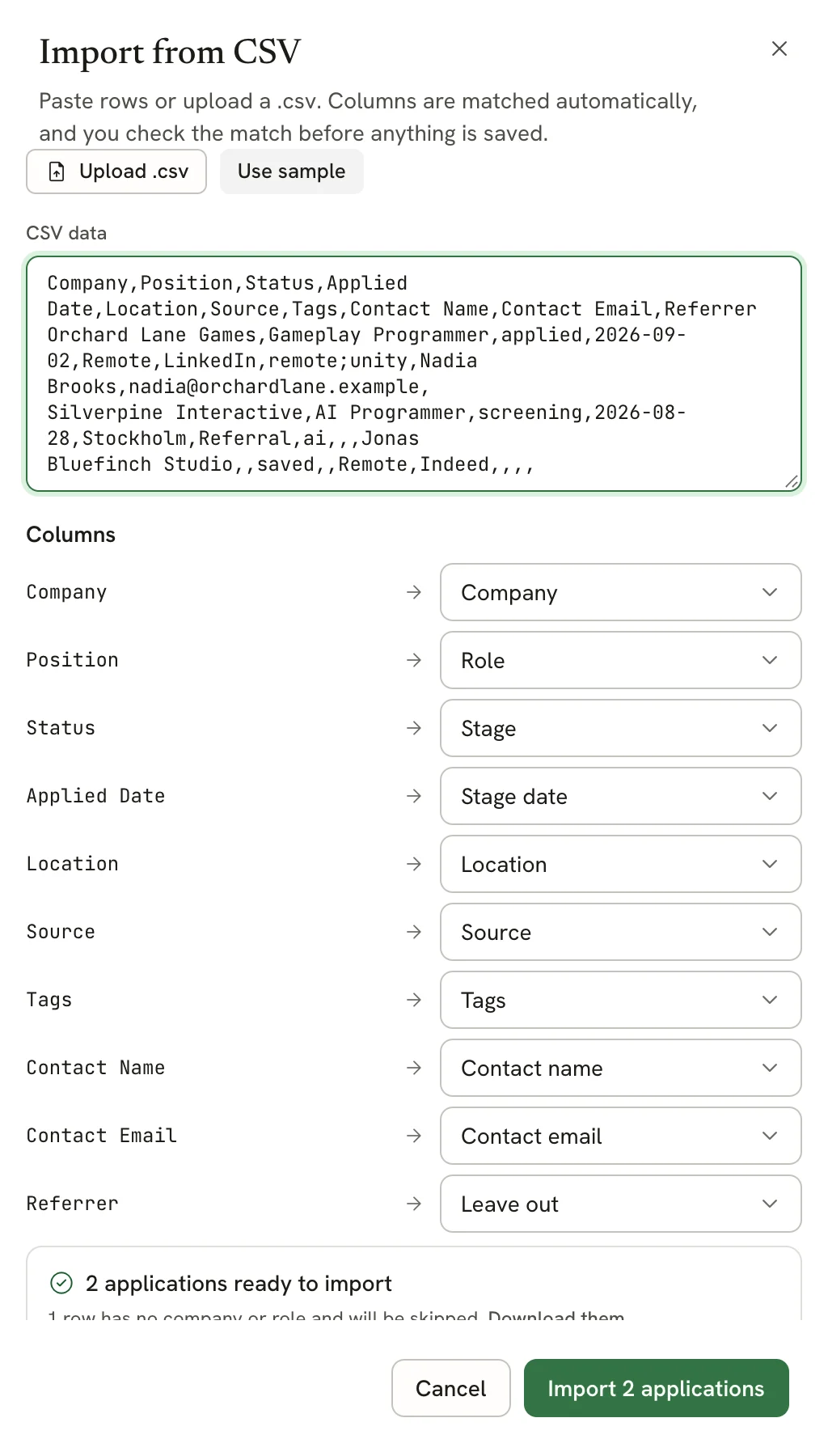 Import from CSV sheet with pasted rows, and a Columns list matching Company to Company, Position to Role, Status to Stage, Applied Date to Stage date, Location, Source, Tags, Contact Name and Contact Email to their fields, and Referrer to Leave out