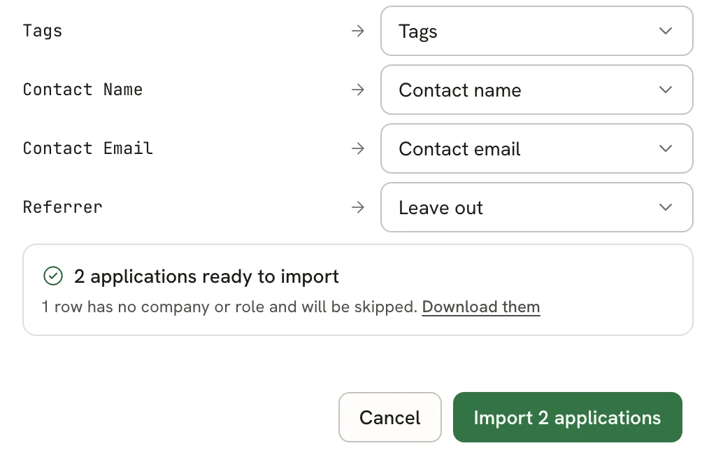Summary reading 2 applications ready to import and 1 row has no company or role and will be skipped, with a Download them link and an Import 2 applications button