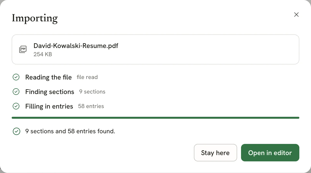 The Imported dialog for David-Kowalski-Resume.pdf with all three steps checked, 9 sections and 58 entries found, and Stay here and Open in editor buttons
