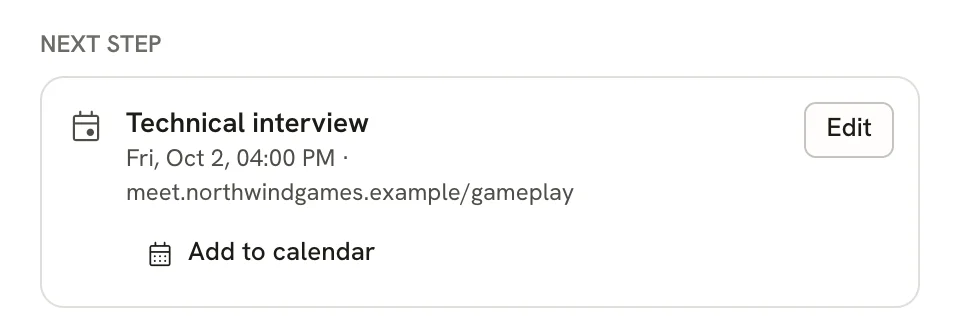 Next step card showing a Technical interview on Fri, Oct 2 at 4:00 PM with a video link, an Edit button and Add to calendar