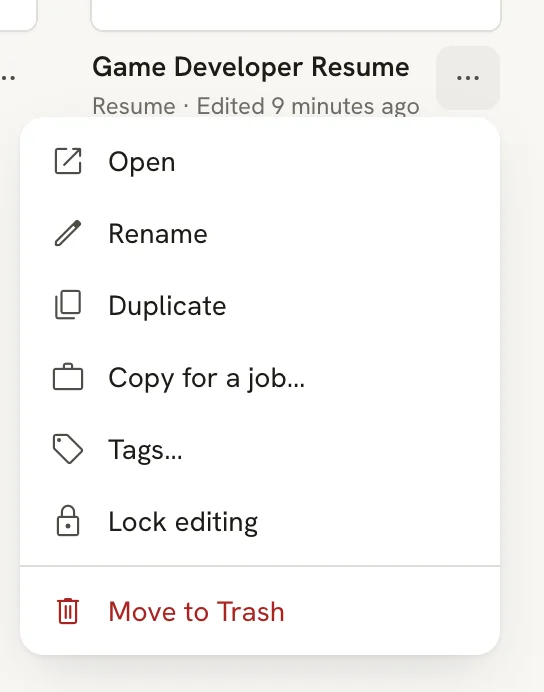 The options menu for Game Developer Resume with Open, Rename, Duplicate, Copy for a job, Tags, Lock editing and Move to Trash