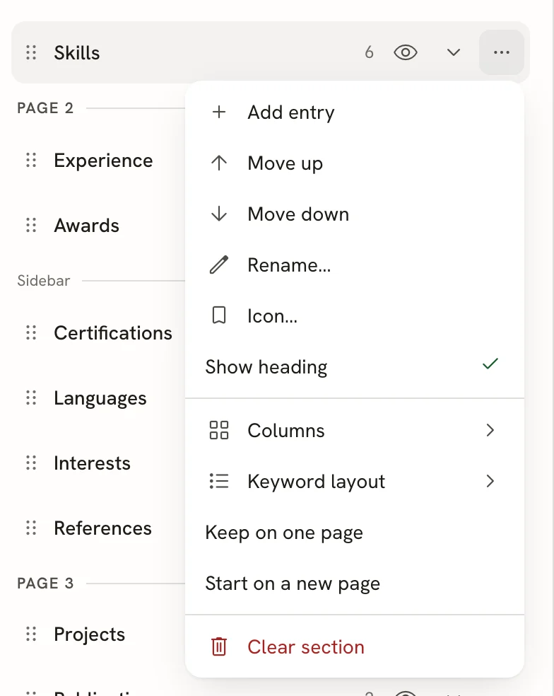 The options menu for the Skills section, listing Add entry, Move up, Move down, Rename…, Icon…, Show heading (checked), Columns, Keyword layout, Keep on one page, Start on a new page and Clear section.