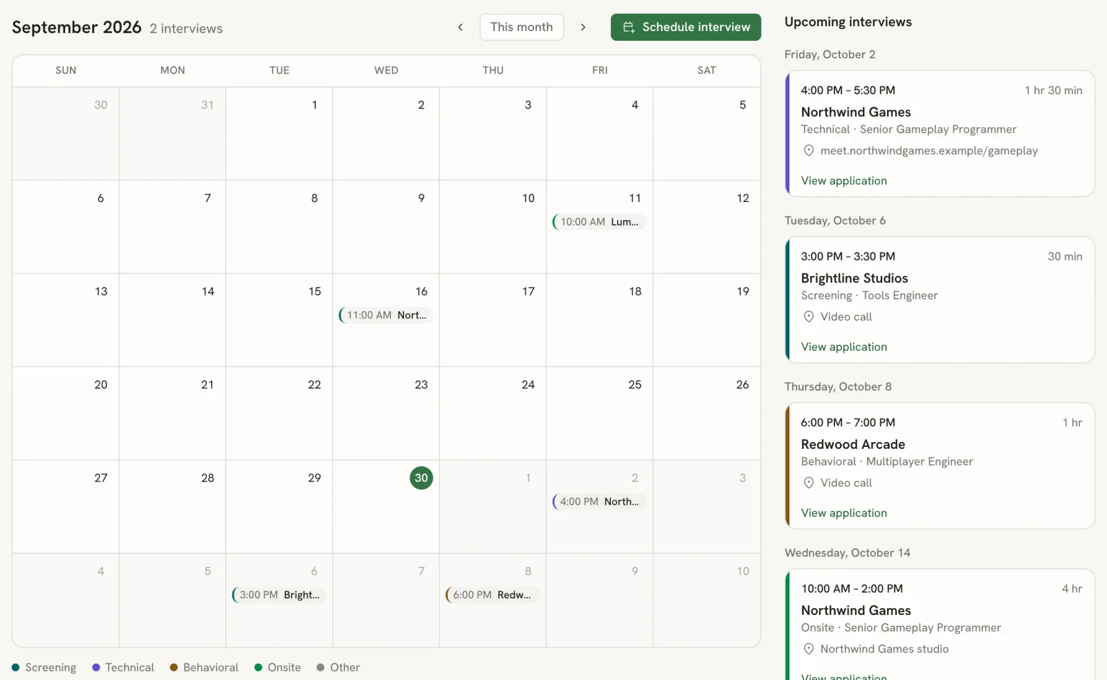 An application interview calendar with color-coded interview types and an upcoming-interview list showing times, durations and locations.