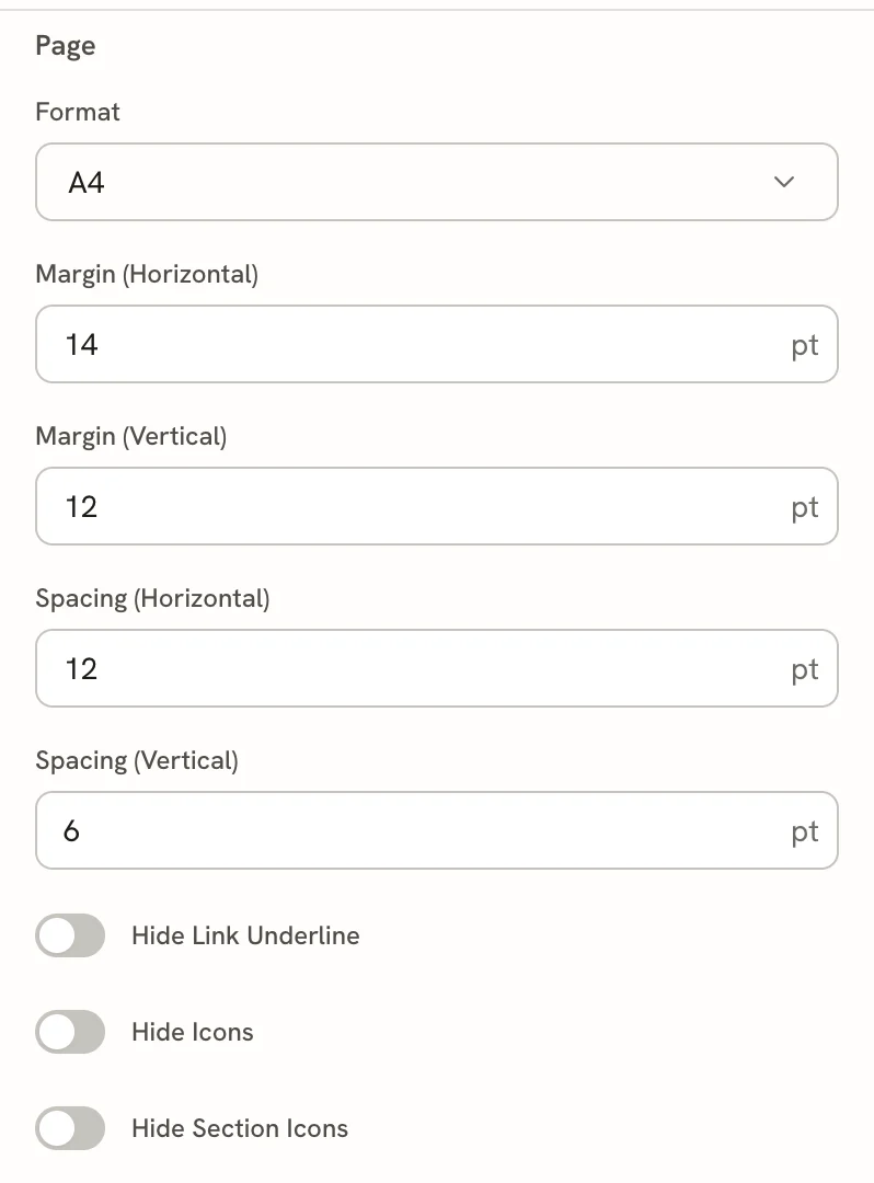 The Advanced Page section with Horizontal margin 14 pt, Vertical margin 12 pt, Horizontal spacing 12 pt, Vertical spacing 6 pt, and switches for Underline links, Show icons and Show section icons