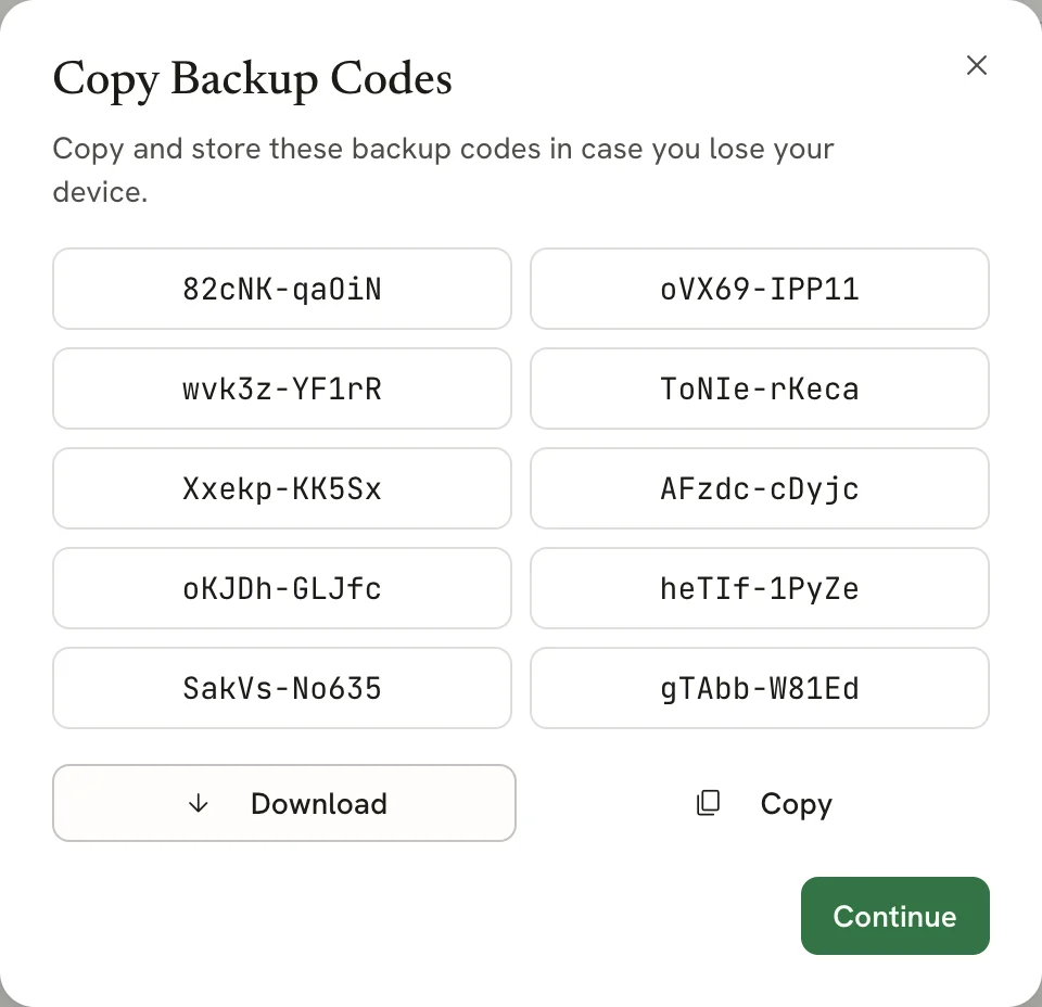 The Save your backup codes dialog listing ten codes in two columns, with Download codes, Copy codes and Continue buttons