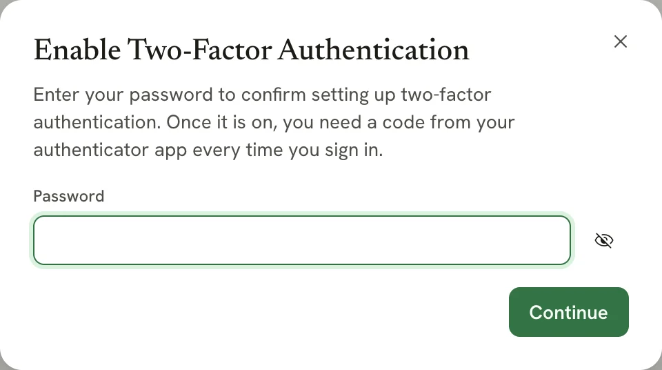 The Turn on two-step verification dialog asking for your password, with a Continue button
