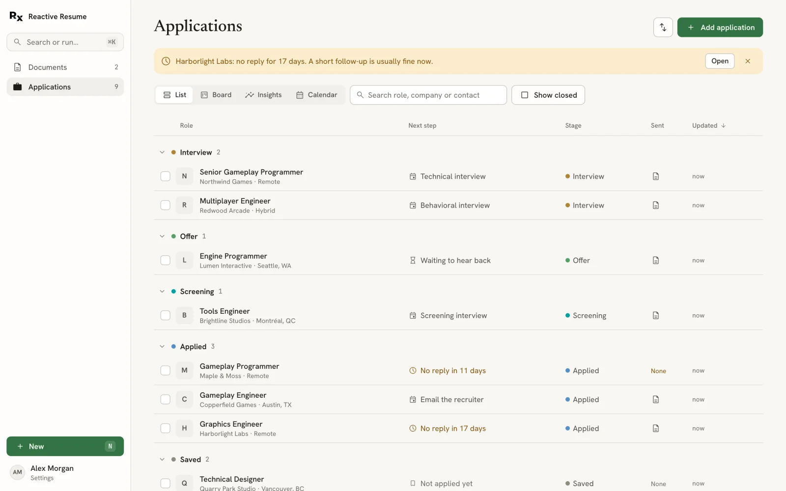 Applications page showing a follow-up reminder banner, the List, Board, Insights and Calendar tabs, a search field, Show closed, and applications grouped under Interview, Offer, Screening, Applied and Saved