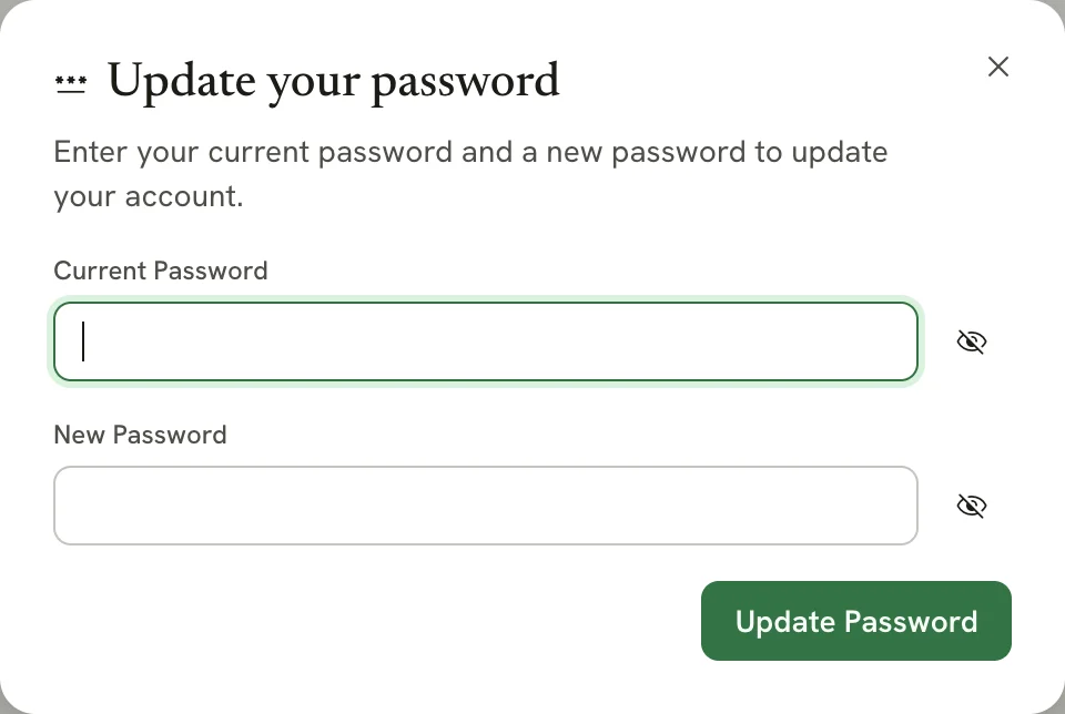 The Change your password dialog with Current password and New password fields and a Change password button