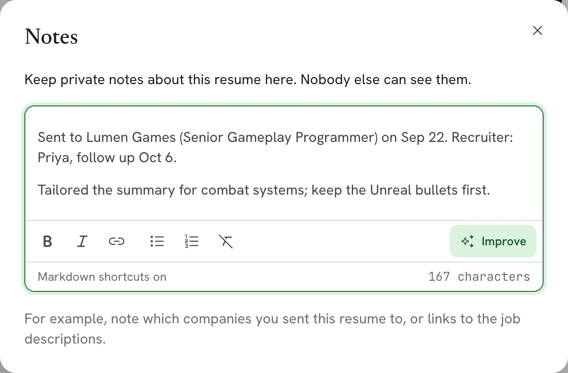The Notes dialog with two paragraphs about sending the resume to Lumen Games and a follow-up date, above a formatting toolbar and a character count