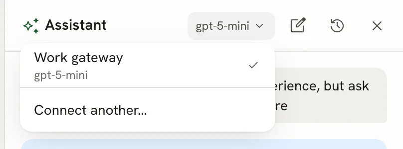 Model menu open under the gpt-5-mini chip, listing the provider Work gateway with its model gpt-5-mini and a checkmark, and Connect another…