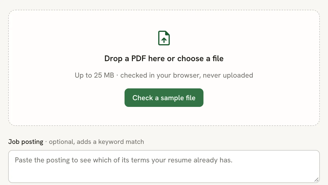 Drop zone reading Drop a PDF here or choose a file, Up to 25 MB, checked in your browser, never uploaded, with a Check a sample file button and an empty Job posting box below