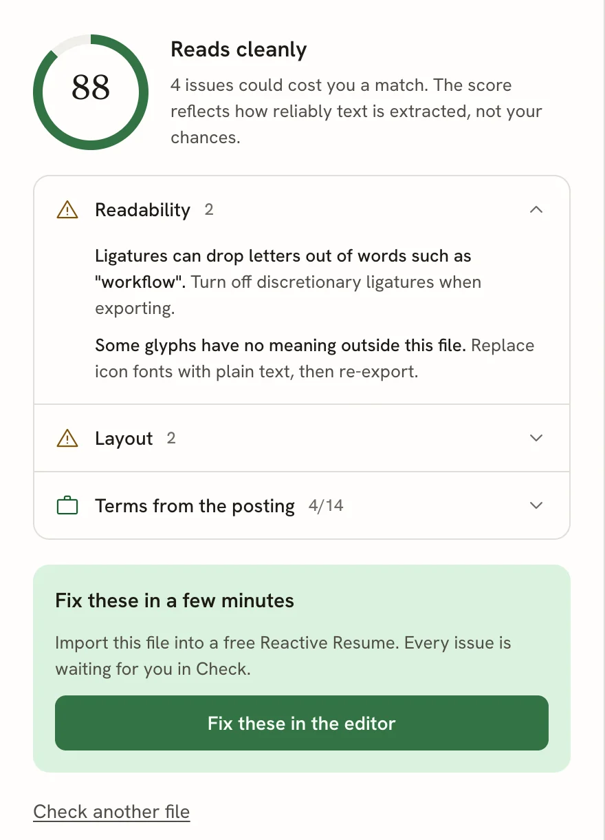 An ATS report grouped by readability, layout and posting terms, followed by a Fix these in the editor button.