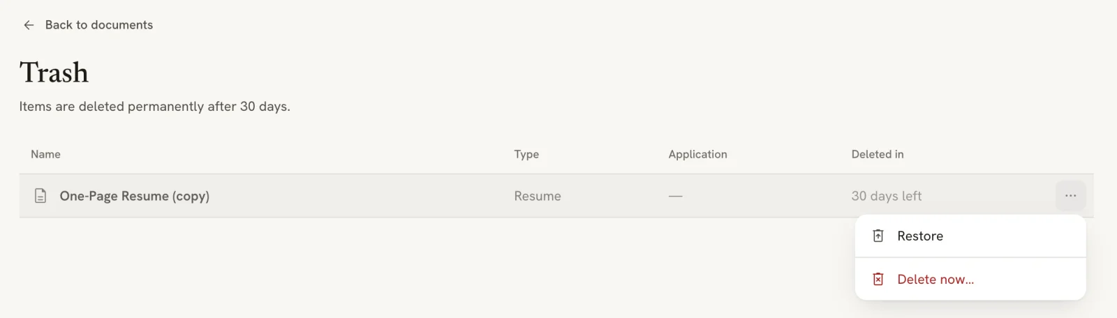 The Trash page listing One-Page Resume (copy) with 30 days left and a menu showing Restore and Delete now