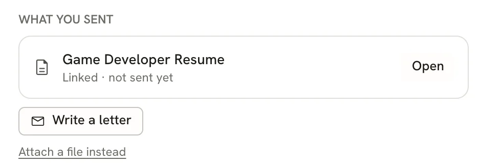 The What you sent section of an application, listing the linked Game Developer Resume with a Write a letter button below it