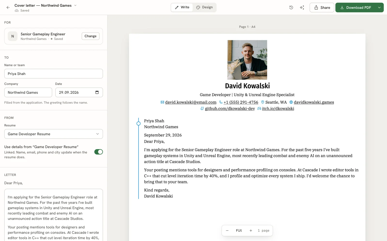 A standalone letter editor with recipient name, company, date, linked resume details and a live letter preview.