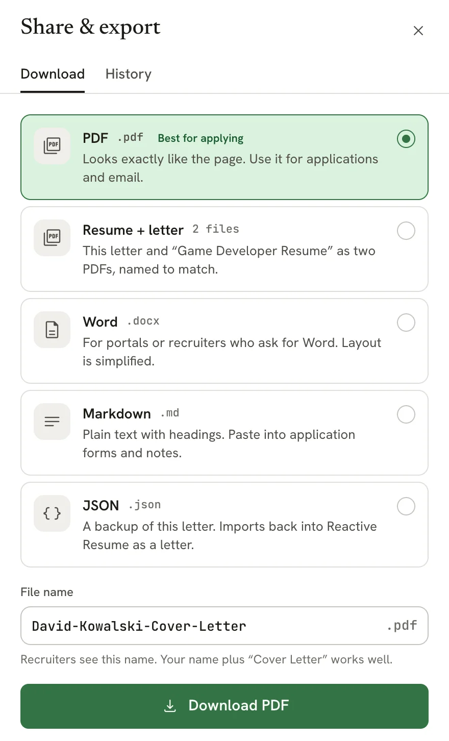 The Download and history sheet for a letter with Download selected, listing PDF, Resume plus letter (2 files), Word, Markdown and JSON, a File name field and a Download PDF button