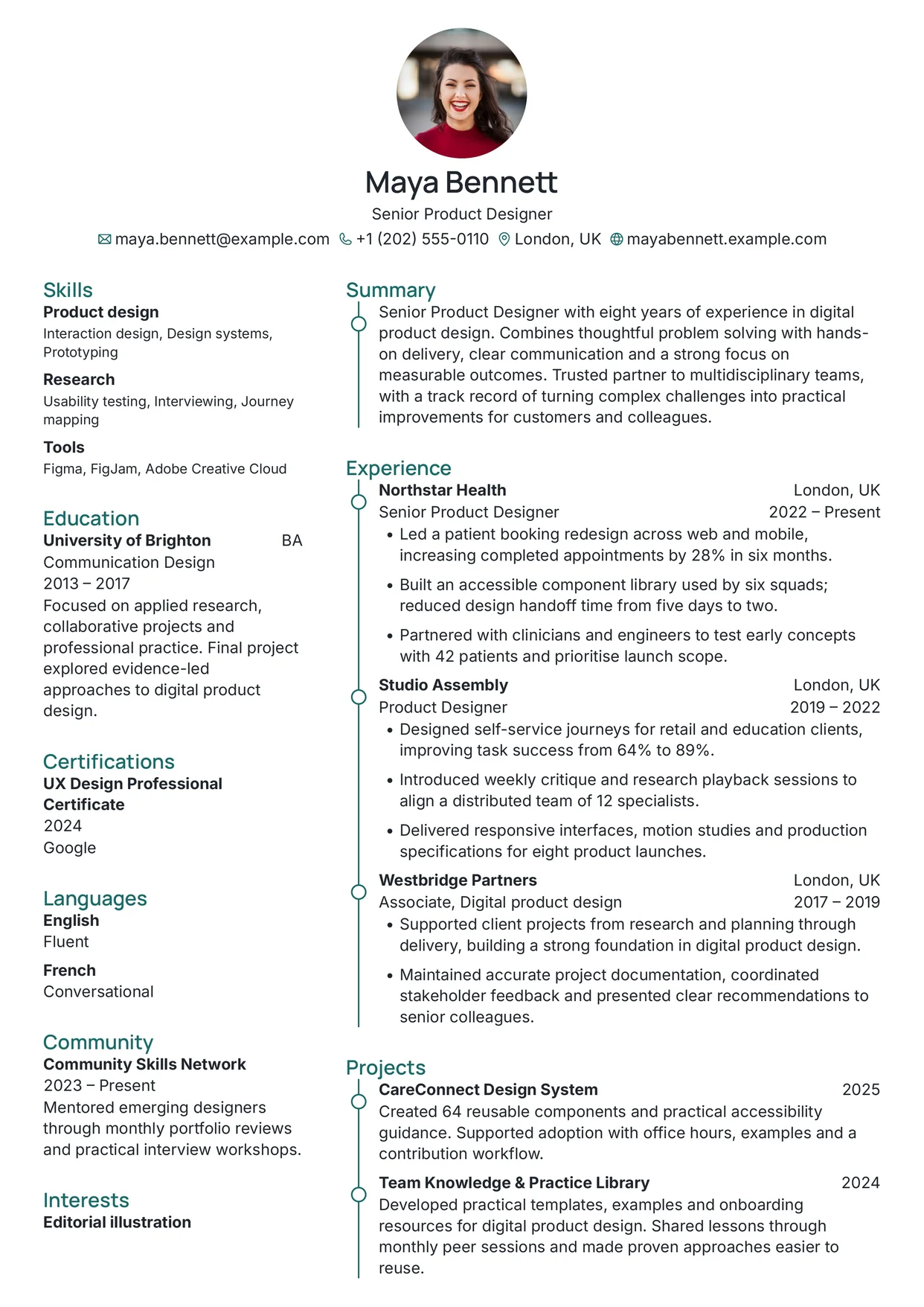 First page of a resume in the Azurill template: centred photo and header, sidebar on the left