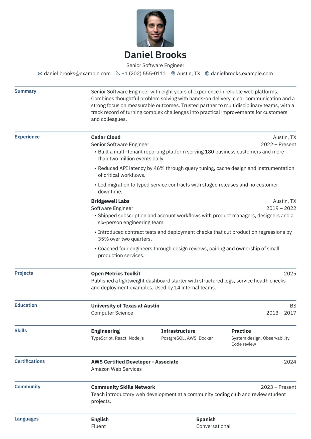 First page of a resume in the Bronzor template: one column with labelled section rows