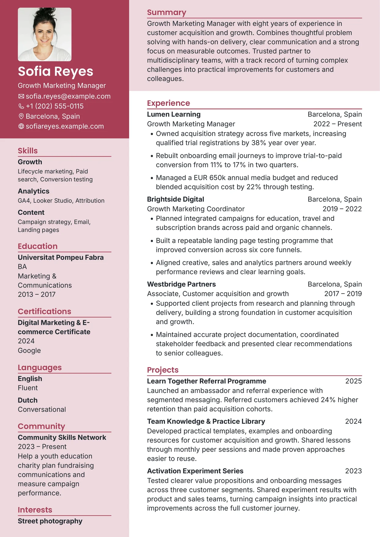 First page of a resume in the Gengar template: header in a colored left sidebar with a tinted summary band