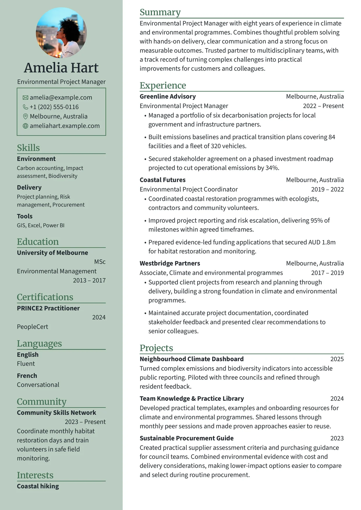 First page of a resume in the Glalie template: header and contact details in a light left sidebar