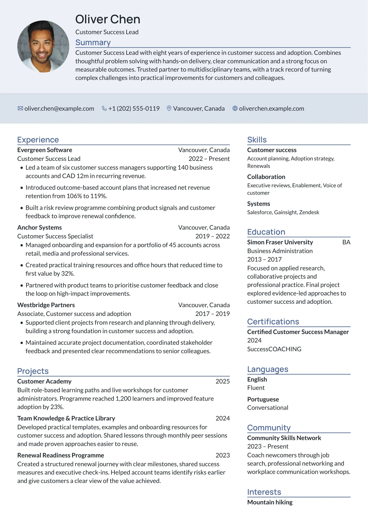 First page of a resume in the Leafish template: tinted header across the page, sidebar on the right