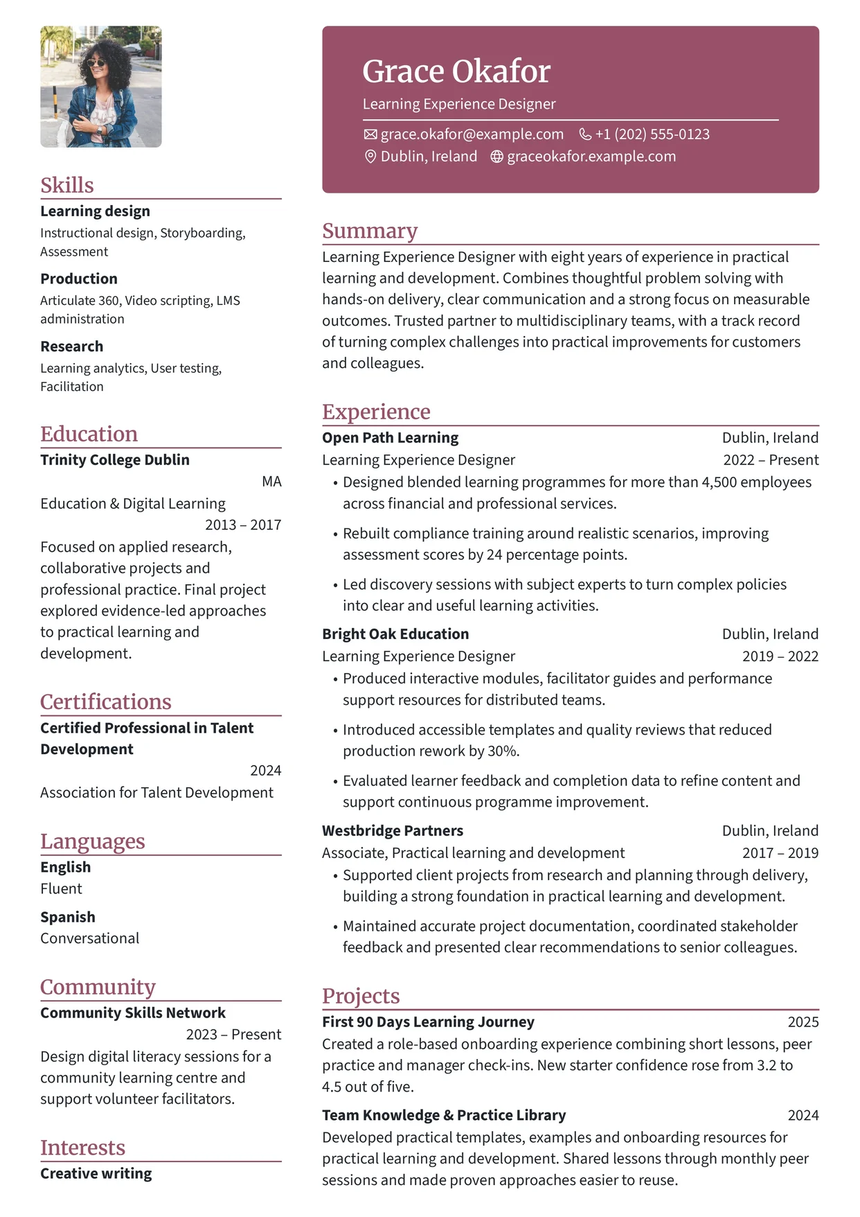 First page of a resume in the Pikachu template: colored header block over the main column, sidebar on the left