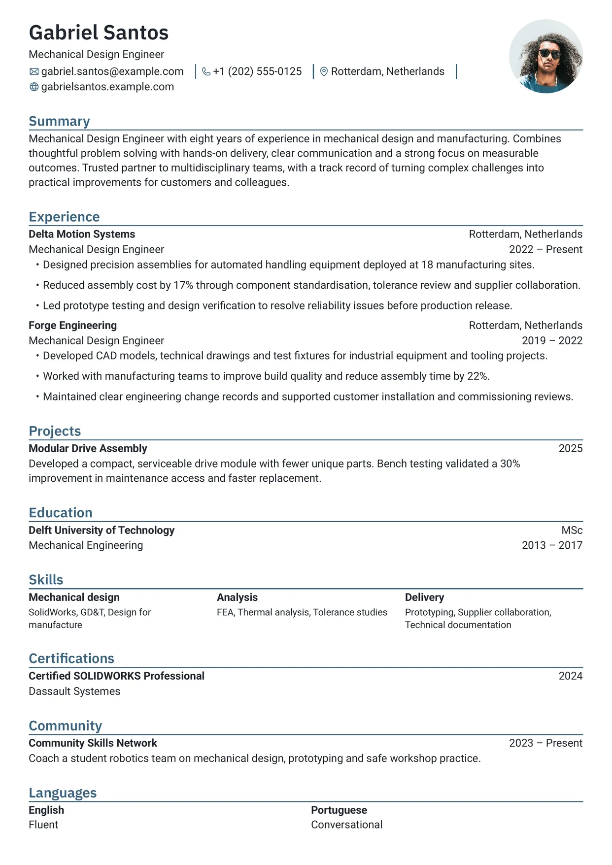 First page of a resume in the Rhyhorn template: minimal top header and one column
