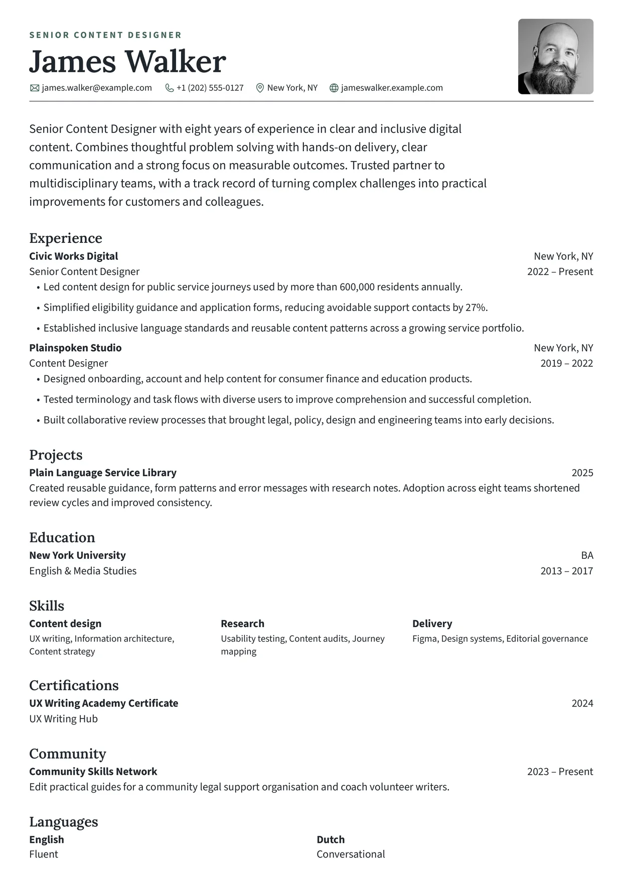 First page of a resume in the Smeargle template: a large name under a small uppercase kicker and a larger introduction